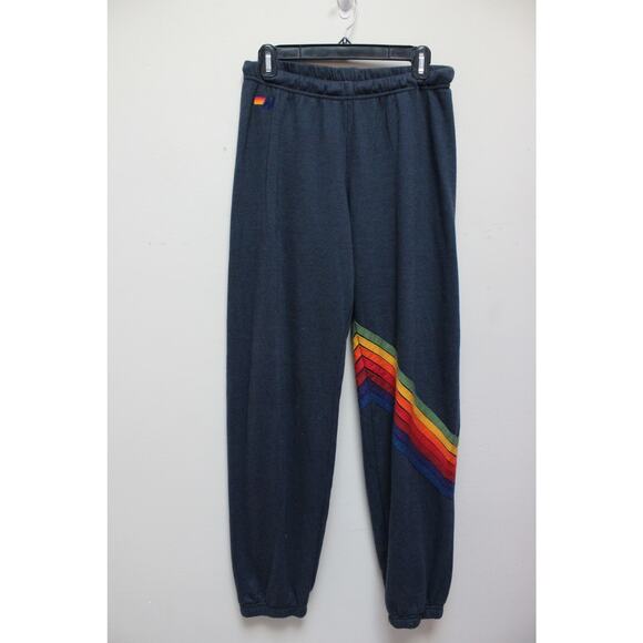 Aviator Nation Black Diagonal Cross Stripe Rainbow Sweatpants Size XL - Picture 1 of 4
